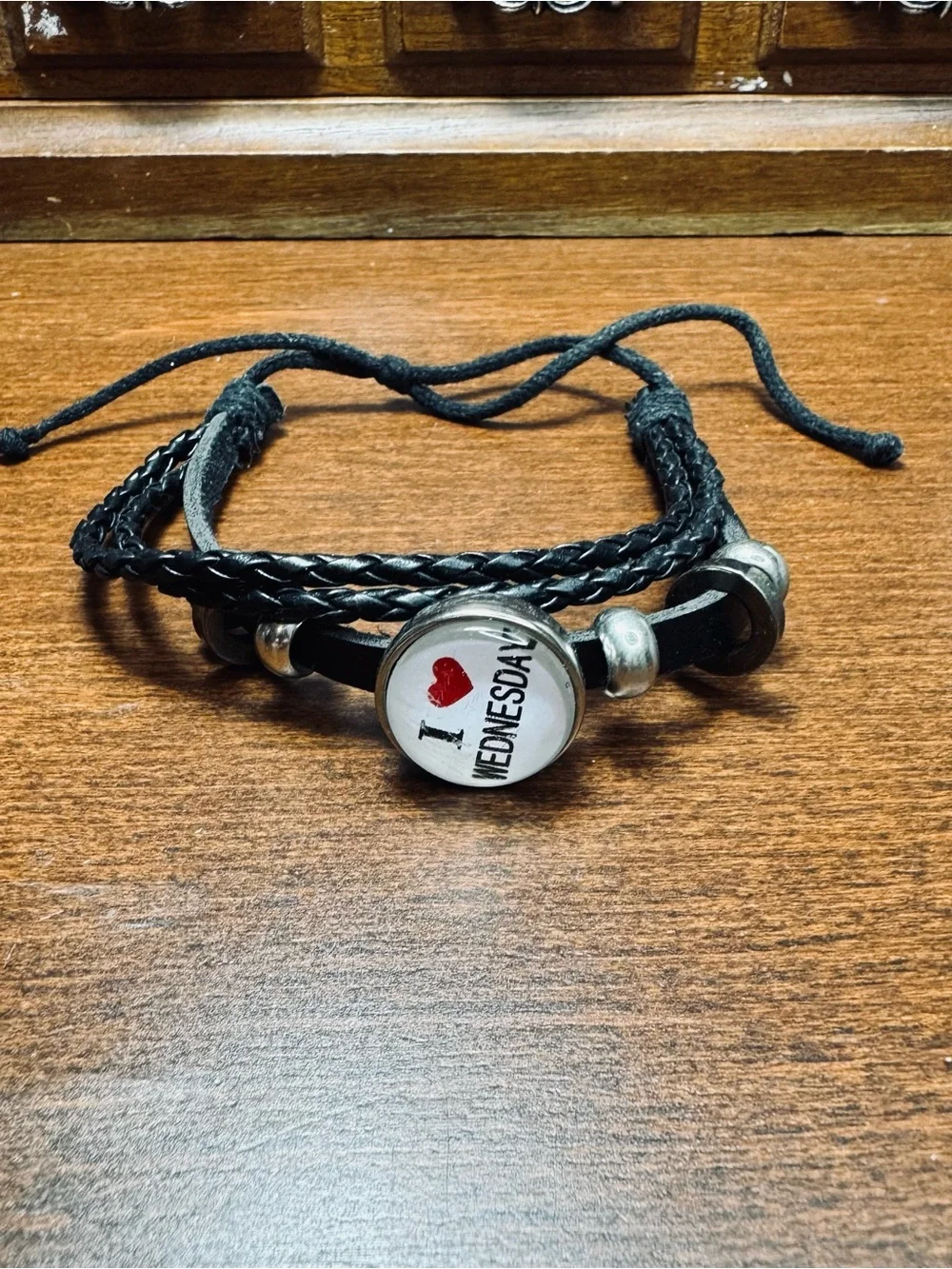 Black Braided Leather Bracelet with 'I ♥ Wednesday' Charm